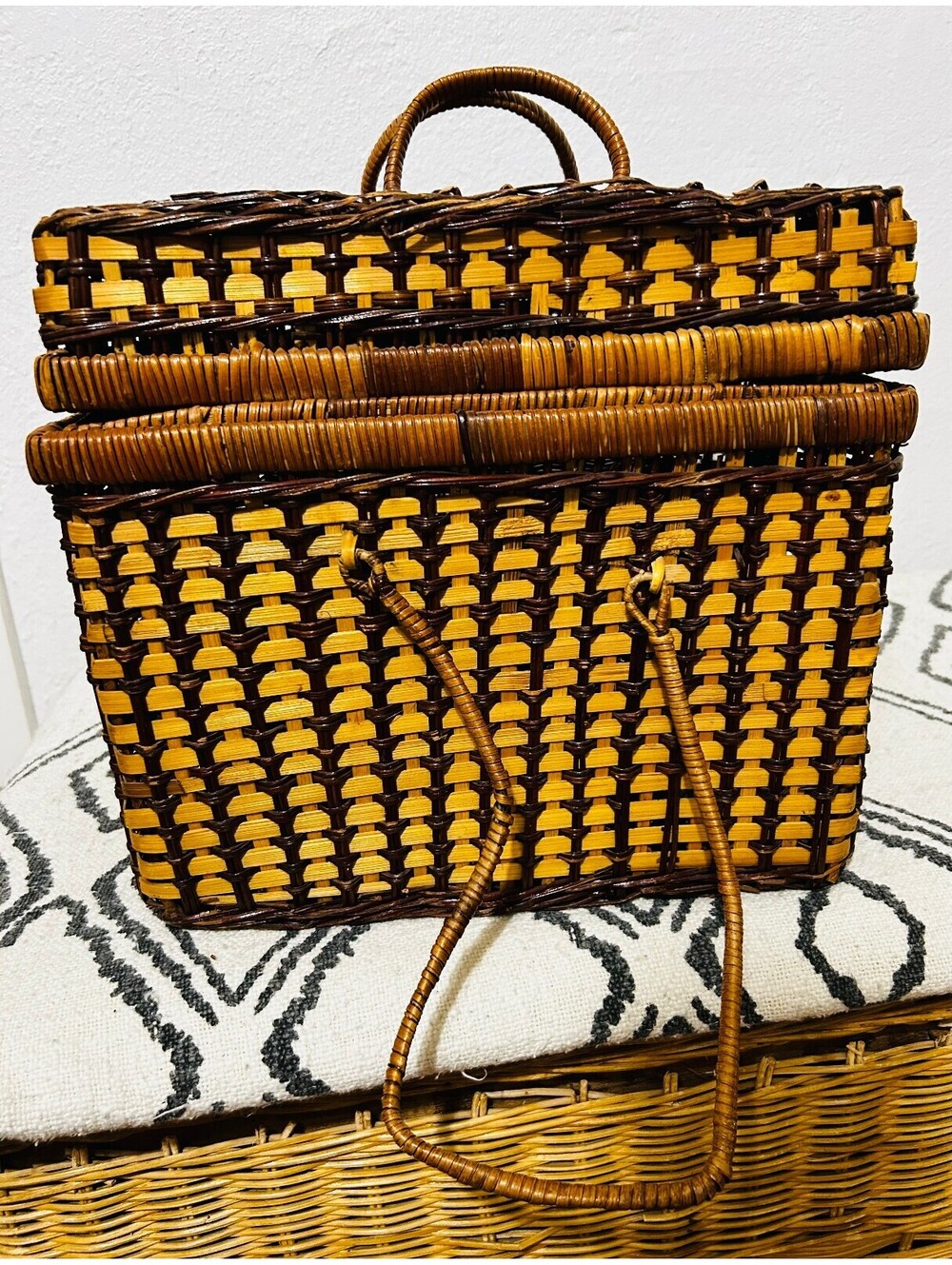 Vintage Two-Tone Woven Rattan Picnic Basket & Storage Box